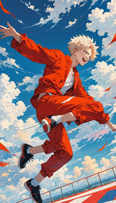 masterpiece, best quality, Stills, 1 Boy Katsuki Bakugo, Floating in the air, cloudy boy Katsuki Bakugo, Wearing a red Lounge Suit, cloud, (close up:1.1), bright, Happy, pleasure, , Soft Vivid Black lightin, (Bauhaus, White wind, Blue cloud:1.