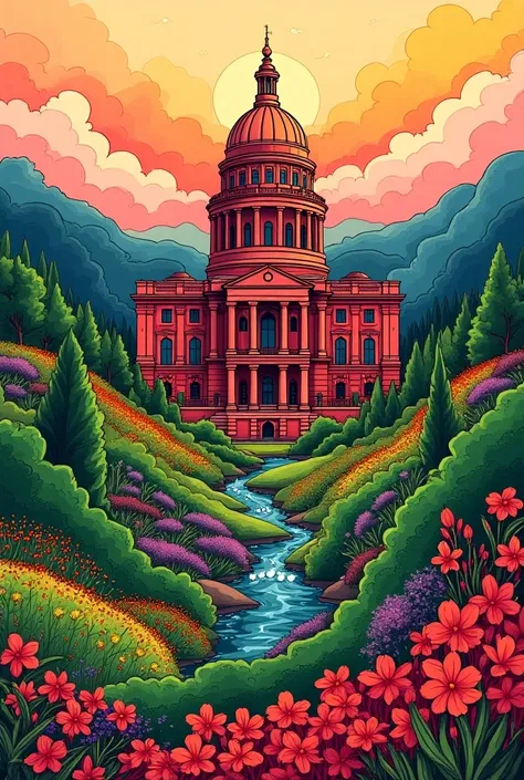 Un dessin au posca coloré plutot rouge orange avec des fleurs, le capitol de Toulouse, des paysages de natures 