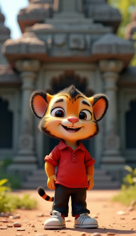 Chintu (A 3D Pixar-style scene featuring Chintu, a cute tiger cub with big expressive eyes, a round face, and black hair, wearing a red polo t-shirt, black pants, and white sneakers.) standing confidently in front of the temple, posing for a selfie with mo...