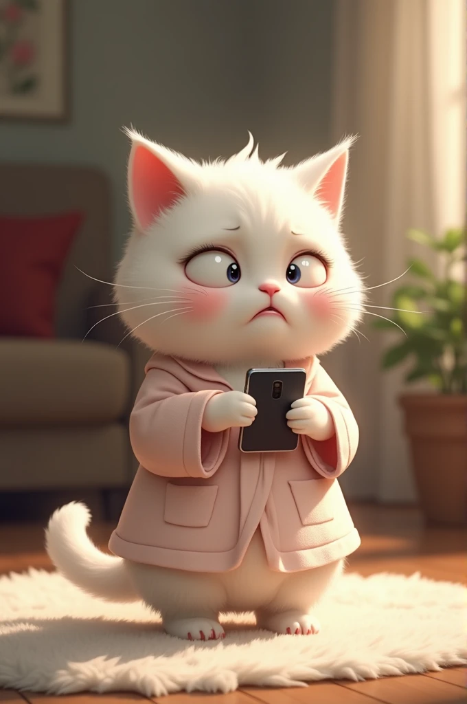 "A beautiful white cat, standing in the living room of her cozy home, is dressed in soft, pastel-colored home clothes—a delicate robe with subtle patterns, her fur slightly ruffled. Her eyes, wide and shimmering, are filled with tears that slowly trickle d...