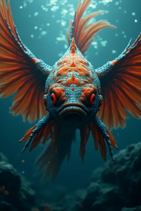 "Create a photorealistic image of a colossal, furious hybrid creature that merges the features of a giant angelfish and a giant betta fish, set in a dark, turbulent underwater environment. This massive fish has vividly colored scales, with the angelfishs e...