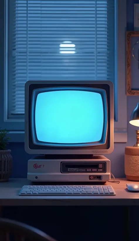 C4D Modeling，oc rendering，Computer desk, a cute retro computer, front view, simple night background with moonlight shining through blinds, keyboard, mouse, 3D Art, C4D, octane rendering, 3D rendering, light traction, clay materials, rich visual effects, pi...