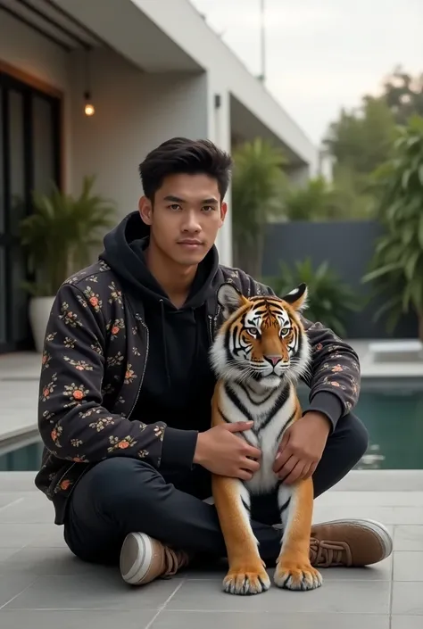 A Malay man "  27 years old wearing black printed Hoodie jacket " Siway  " sitting next to him there is  "tiger" the background of the modern minimalist house terrace 