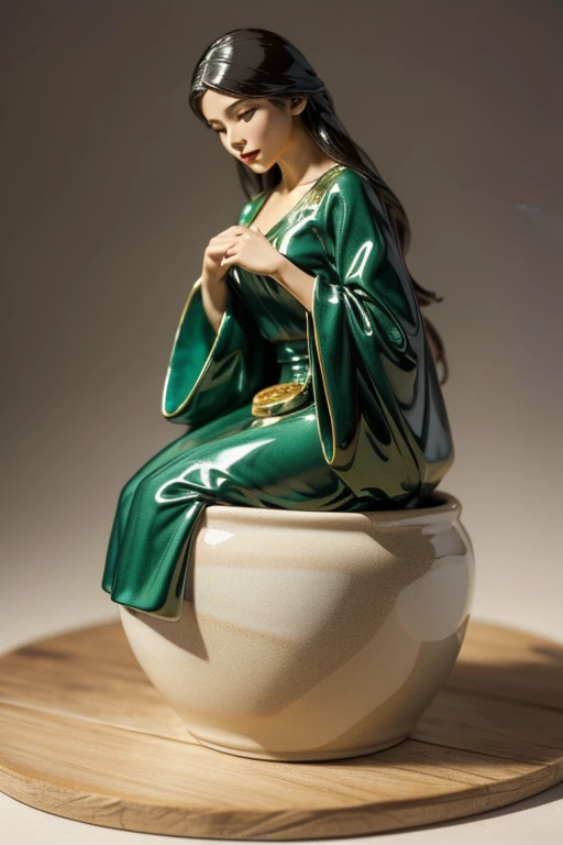 (( best quality)), A round ceramic pot with detailed, lifelike human figures positioned around the rim. The figures are dressed in varied robes of green, white, and blue, some featuring floral or dot patterns. Each figure leans or climbs on the pot’s edge,...