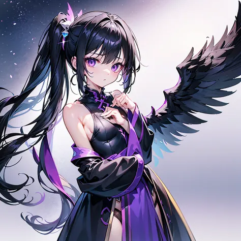 ((Alone))1 .9(long side ponytail 1.8)((small breasts1.8))Young Body 1.2、Long black hair 1.5、Purple Eyes 1.5、1 dressed in worn out black wizard clothing.8、 The Magician Girl with the Big Winged Angel Metatron 1.3、