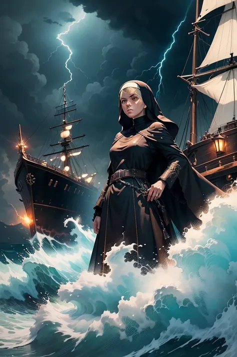 anime style quality digital drawing mode, A nun stands majestically on a ship during a dramatic storm, surrounded by eerie dark clouds and lightning. She wears an intricate black leather nuns robe with ruffled sleeves and a wrinkled head. Her brown leather...