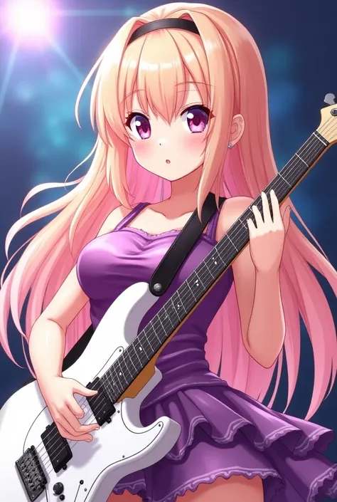 A blonde and tripped with peach pink long hair anime girl with oshi ko no purple star eyes popstar  holding a white electric guitar 