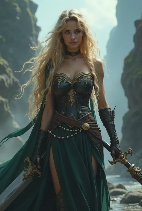 A busty 18 year old Faantasy warrior with golden blonde hair 