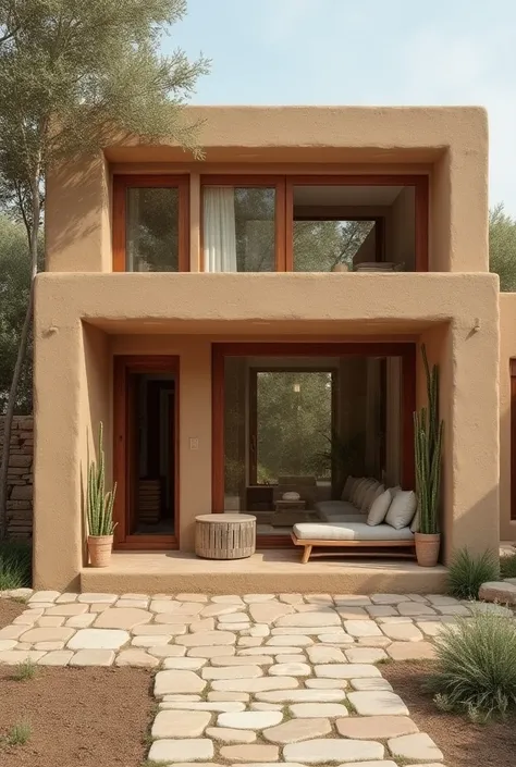 A floor plan of a single-story earthen house made from natural clay materials. The house has two bedrooms, a central living room, and an adjacent home office. The living room connects to a hallway leading to the rear kitchen, which is designed for fire coo...