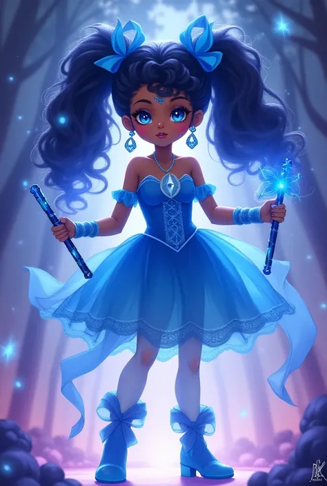 2D Anime, dark skin, Female teenager, brown eyes, blue long curly pigtails
hair, wears a blue magical girl dress, holds a blue magic drum sticks with 
Ribbon bow attached, wears a diamond earrings, wore a ribbon bow on her 
dress, has blue lips, wears a li...