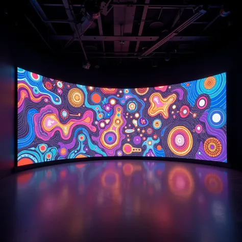 a empty dark wall in an psychedelic art gallery. colorful decorations, saturated, 