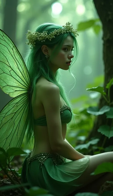 a Cinematic panavision style photo of a fairy,green skin, breast showing,topless, sitting in a forest