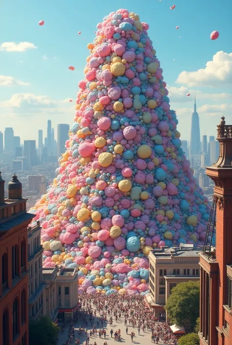 a mountain of gum against the backdrop of the citys inhabitants