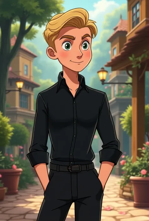 personagem Disney 2D 

- **Hair**:  The character has light hair ,   who may be light blonde .  The hair is combed back ,  and from the sides giving a tidy look .
- **clothes**:  Hes wearing a black shirt with long sleeves , with folded cuffs ,  black pant...