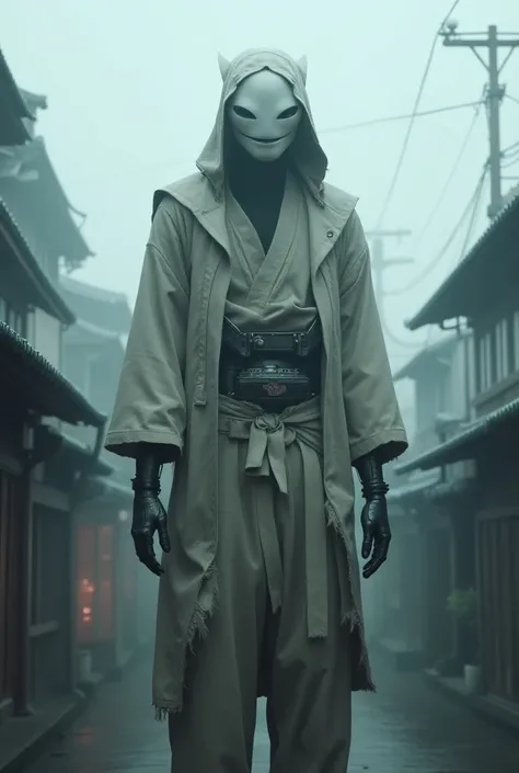 Kyoto city、 movie、Live-action footage、8k、Top quality, masterpiece, oriental old poetry background, creature wearing complex white traditional mask, body made of complex machinery, science fiction, detailed science, life science, wearing oriental shabby tra...