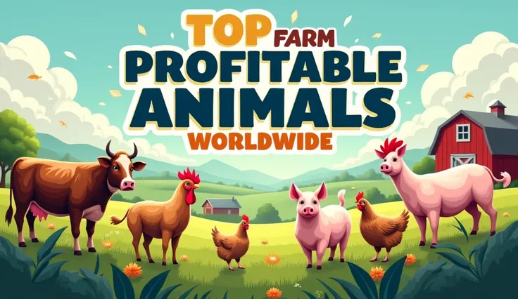 Create an engaging thumbnail that showcases various high-value farm animals with dollar signs or profit graphs integrated into the design. Use a dynamic background filled with farm imagery, like barns and fields. In the center, add prominent text: Top Prof...