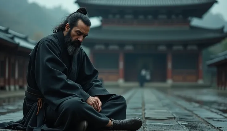 Shogun  beard, sad, thoughtful, wistful Shogun in a black robe sitting on the wet ground, temple in the background, hung his head in sadness, dramatic cinematic shot, (forgotten, abandoned),