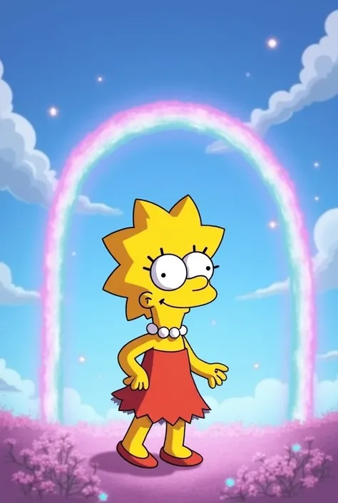 Create a wallpaper with Lisa from the Simpsons on the front and a blue rainbow in the background, purple and pink 