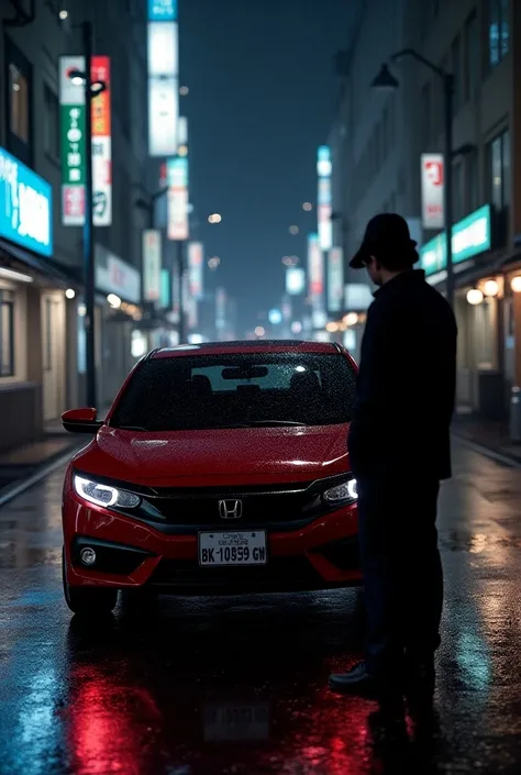 Um, a red 2020 Civic S.I., Plate Number: BK.1059 GW, came on a rainy Tokyo night with a man next to the car