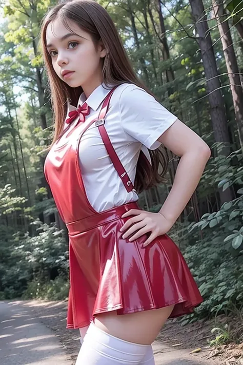   Front angle on Cute young beautiful curvy schoolgirl ,  beautiful  teen face , red leather skater pinafore dress ,  transparent white blouse, short sleeves, red tie , brunette long hair,  beautiful eyes. stockings,  Sneakers,  schoolgirl - standing in th...