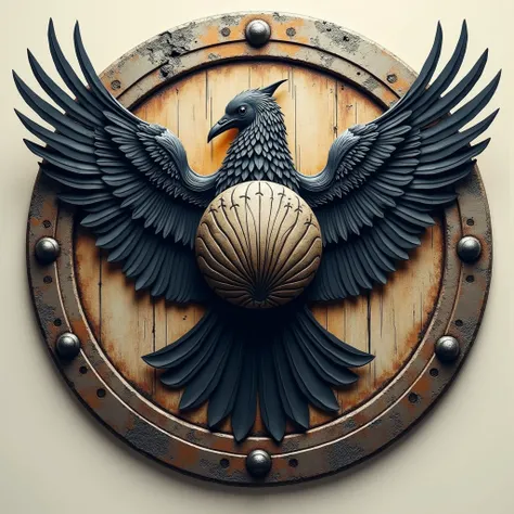 Please create a a highly detailed tattoo design of a Viking shield, weathered and battle-worn, with intricate Norse engravings along its rim. Two majestic crows, wings spread mid-flight, circle the center of the shield, which prominently displays the symbo...