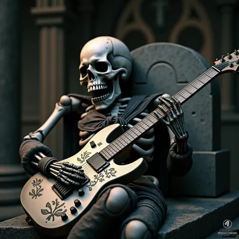 image of a A hyper-realistic and highly detailed black and white artwork, close up, There is a skeleton dressed as a rocker lying on his BC Rich Warlock electric guitar on top of a tombstone, gothic atmosphere, interior of a gothic church, in a dark room w...