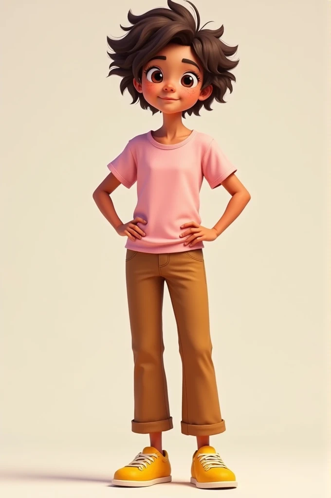 A person wearing a pink shirt, brown pants and yellow shoes - and has pimples on his face, curly hair or medium skintone - standing in a standing position