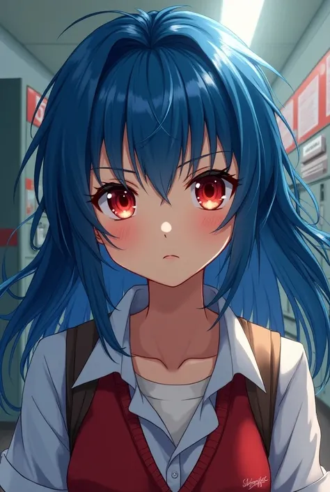 Red-eyed, blue-haired female high school student