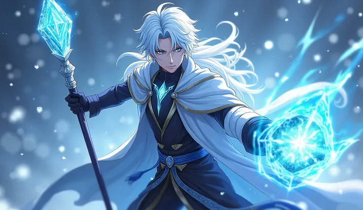 anime, guy, long white hair, a blue gem on his forehead, white and black cloack, ice powers, cyan glowing eyes, high quality, holding an ice staff