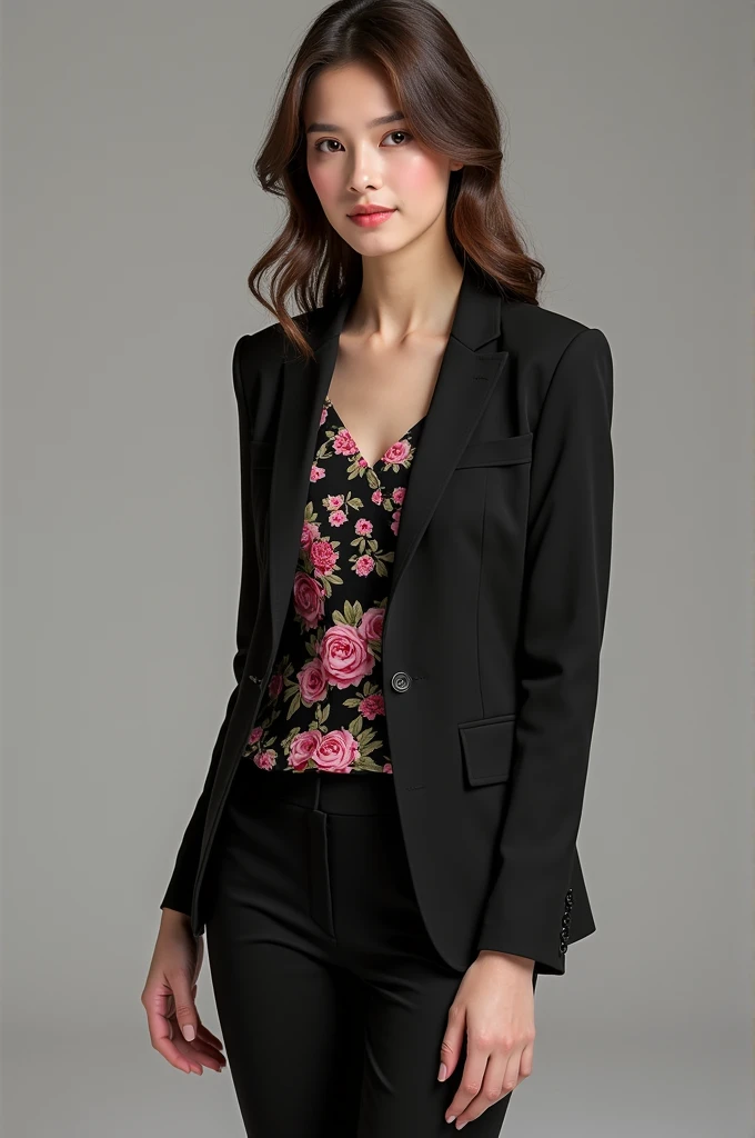 A black color cotton 2 piece suit with rose floral design.