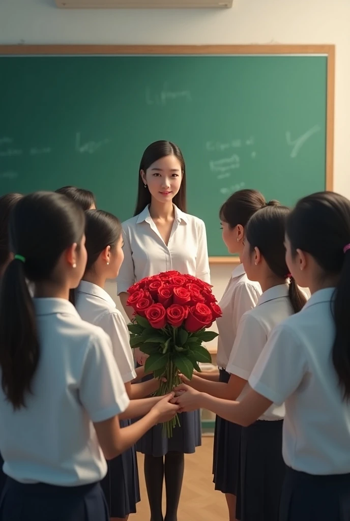 A group of high school students are wearing white shirt and black blue pants uniform gift a Majestic Bouquet Of Roses to their middle-aged teacher in a modern classroom with a green board and decorated on a top with a text: "Congratulations VietNams Teache...