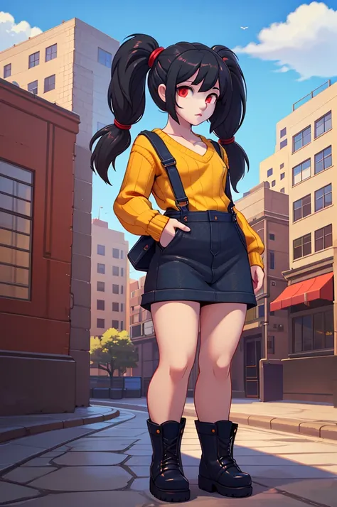 (masterpiece) (high Res), (Perfect face), (perfect anatomy), girl, black hair with pigtails, red eyes, (flat chest:1.6), short, fair skin, ((yellow sweater)), ((black skirt overalls)), black boots, ((((solo)))), ((((alone)))), (in a city), ((beautiful blue...