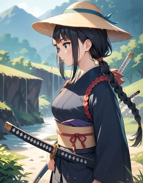 masterpiece, best quality, ultra detailed, Japanese anime style,, Girl, black hair, low ponytail , a braided hat of straw, samurai costume, Katana on waist, deserted mountain path,