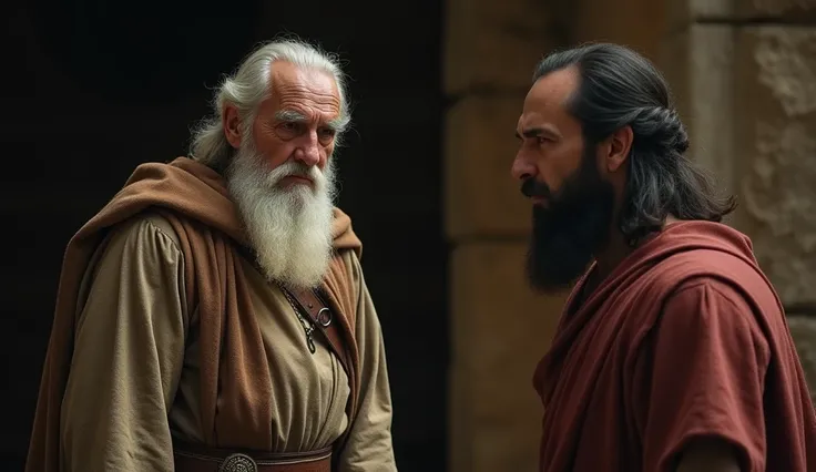  A medium shot of Samuel, an elderly man with a long white beard and deeply lined face, standing before Saul. His eyes are filled with sorrow as he looks up at the king. His posture is firm, but there’s a deep sadness in his face. Saul stands nearby, his h...