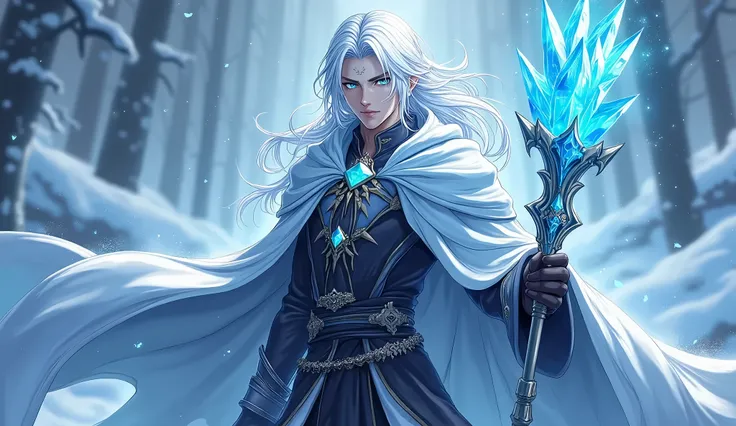 anime, guy, long white hair, a blue gem on his forehead, white and black cloack, ice powers, cyan glowing eyes, high quality, holding an ice staff