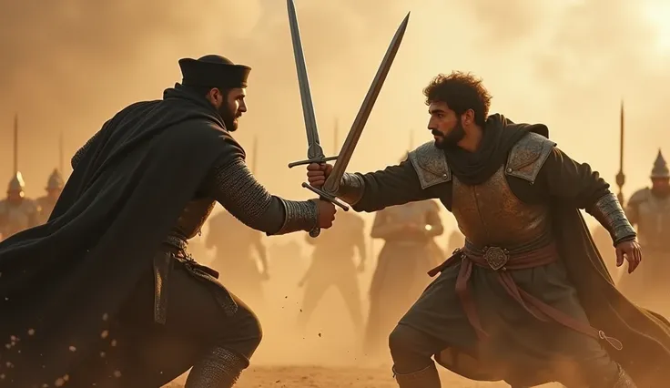 "An ultra-realistic semi-close-up film of Khalid Bin Walid, a 38-year-old male soldier, in the midst of a fierce duel, fighting one-on-one with Hormoz. Khalid is 170 cm tall with short black-grey hair, sharp black eyes, and a handsome face adorned with a t...