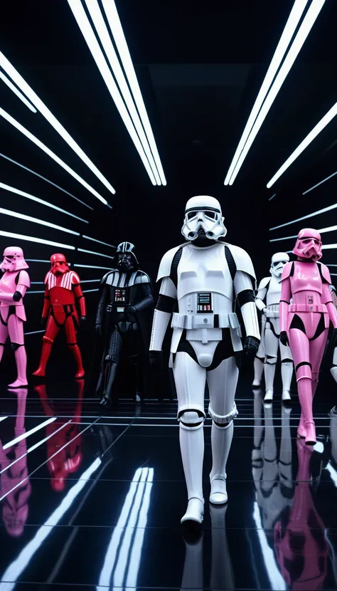 Panoramic view, a high fashion imperial troop show on the death star, imperial troopers walking the runway presenting different colors (white, black, blue, red, pink, yelow, sandy) of imperial armor, darth vader and the emperor watching the show, futuristi...