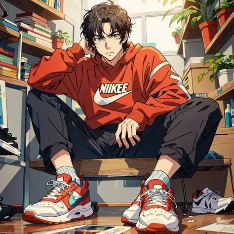 Middle-haired man ,  sitting in Nike shoes , Anime Style, 