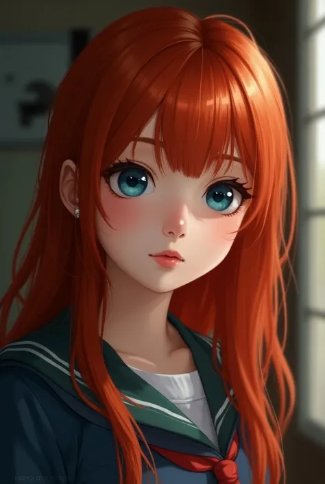 Red-haired and blue-eyed female high school student