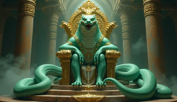 "Set in ancient times, depict the powerful snake king Vasuki reigning over Naglok, the mystical land of serpents. Vasuki is a massive, majestic serpent with radiant scales, sitting on a grand throne made of intricate gold and emerald designs. Surrounding h...