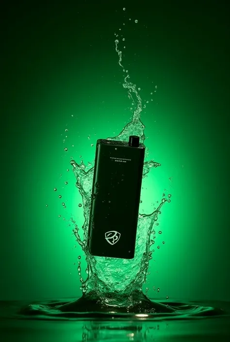 Background: A dynamic scene of water splashes rising in the air. Light the splashes from below with a vibrant green color, creating a dramatic and energetic effect. Product: Integrate the product seamlessly into the scene. Position the product as if its ju...