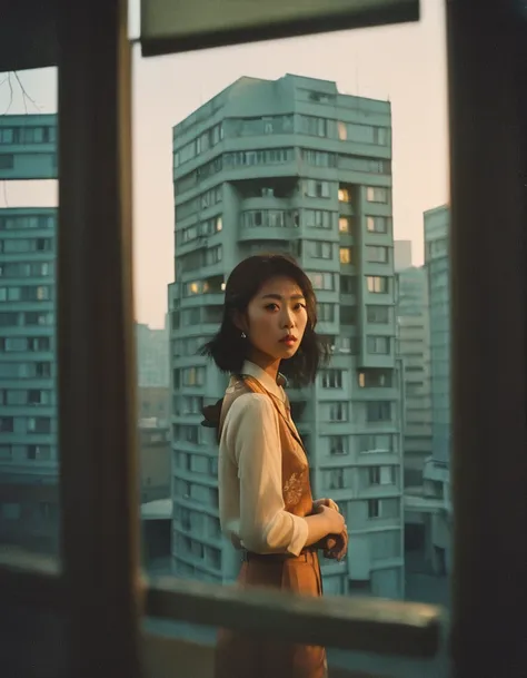 vintage photographs , portrait of a young chinese woman standing by the window of the newest building in the , analogフィルム,  wear...