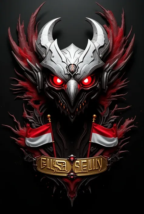 3D vector art, Garuda robot head art on the front with glowing red eyes, "ELSA SELLY" writing on a gold band at the bottom, Indonesian flags on both sides, black background with splashes of dramatic scenes, ultra HD, detailed ornaments,