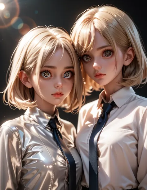 2 girls in extremely tight shiny silver latex blouse buttoned,necktie,medium hair, blonde hair, lens reflection, reflected light...