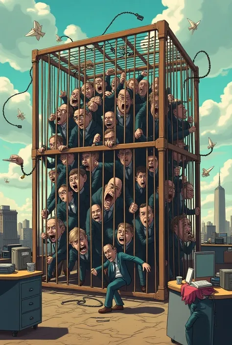 Cartoonstil, humans trapped in a big cage, where there are hart working in officejobs etc. 
