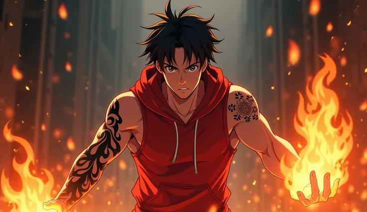 anime, guy, red sleeveless hoodie, black fire tattoo on his right arm, fire powers