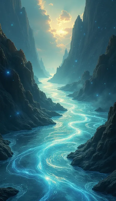 A cosmic river flowing with light and darkness, representing the balance between good and bad deeds in one’s life, with floating soul images in the background.