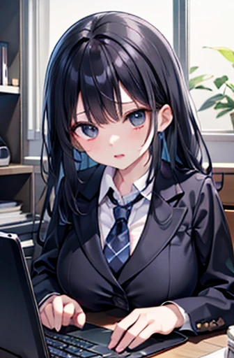 （Beautiful sister:1.3）、spring atmosphere、evening、Aggressive、Office、((slightly impatient face ))、 typing into the computer、A lot of work、over time、(suit), Big Breasts、 Black Hair Long Hair 、