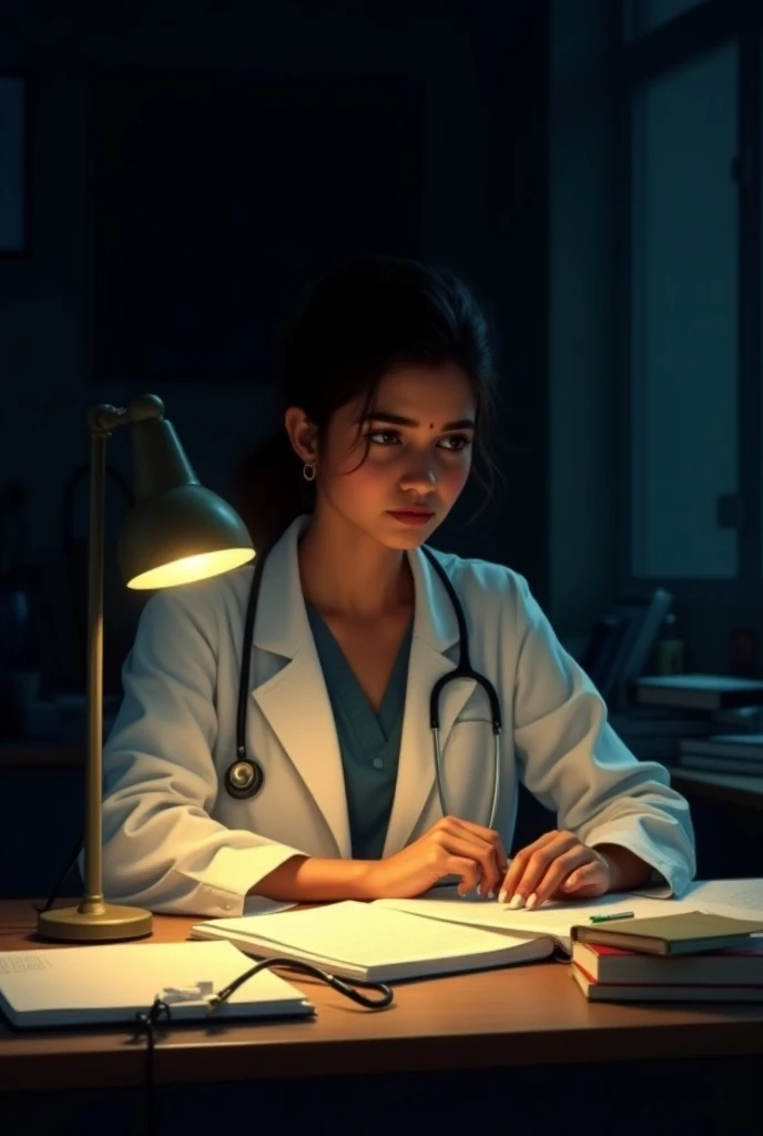 "Illustrate a beautiful indian female doctor wearing a white coat, sitting at a desk late at night, studying under the soft glow of a desk lamp. Her face is focused and slightly tired, illuminated by the warm, yellowish light of the lamp, casting soft shad...