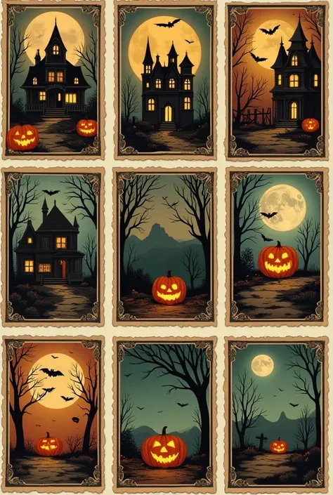 Create a collection of vintage-style Halloween-themed vector illustrations designed to evoke the look of classic posters. Include elements such as haunted houses, vintage jack-o-lanterns, bats, ghosts, and a full moon, using muted color tones like faded or...